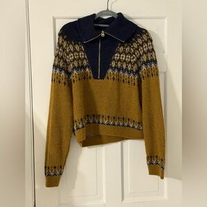 J. Crew Mustard and Navy Cowl Neck Sweater